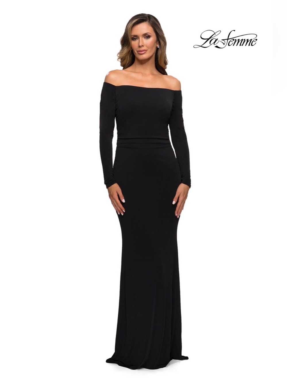 La Femme Black Off-Shoulder Long Sleeve Evening Dress size 14 NWT